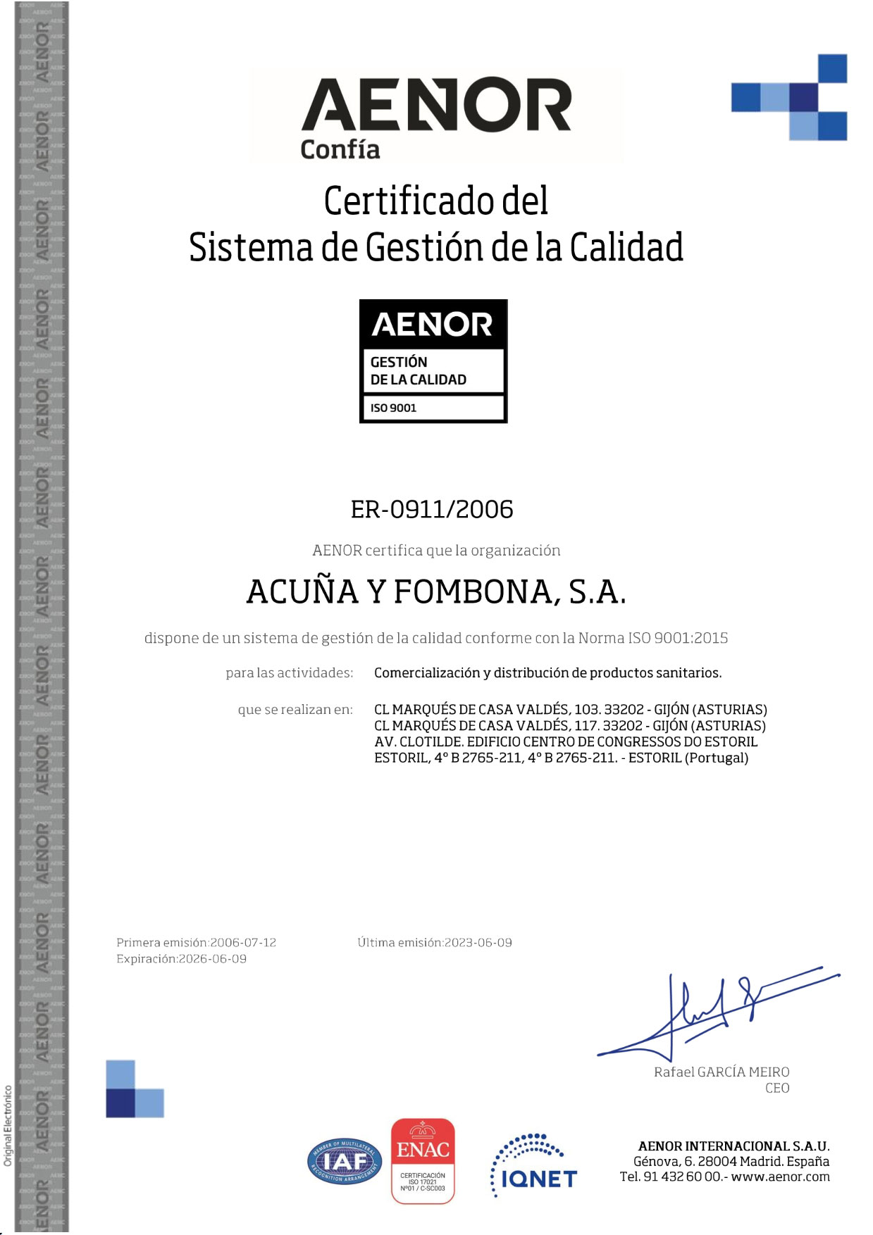 Certificado Aenor 9001