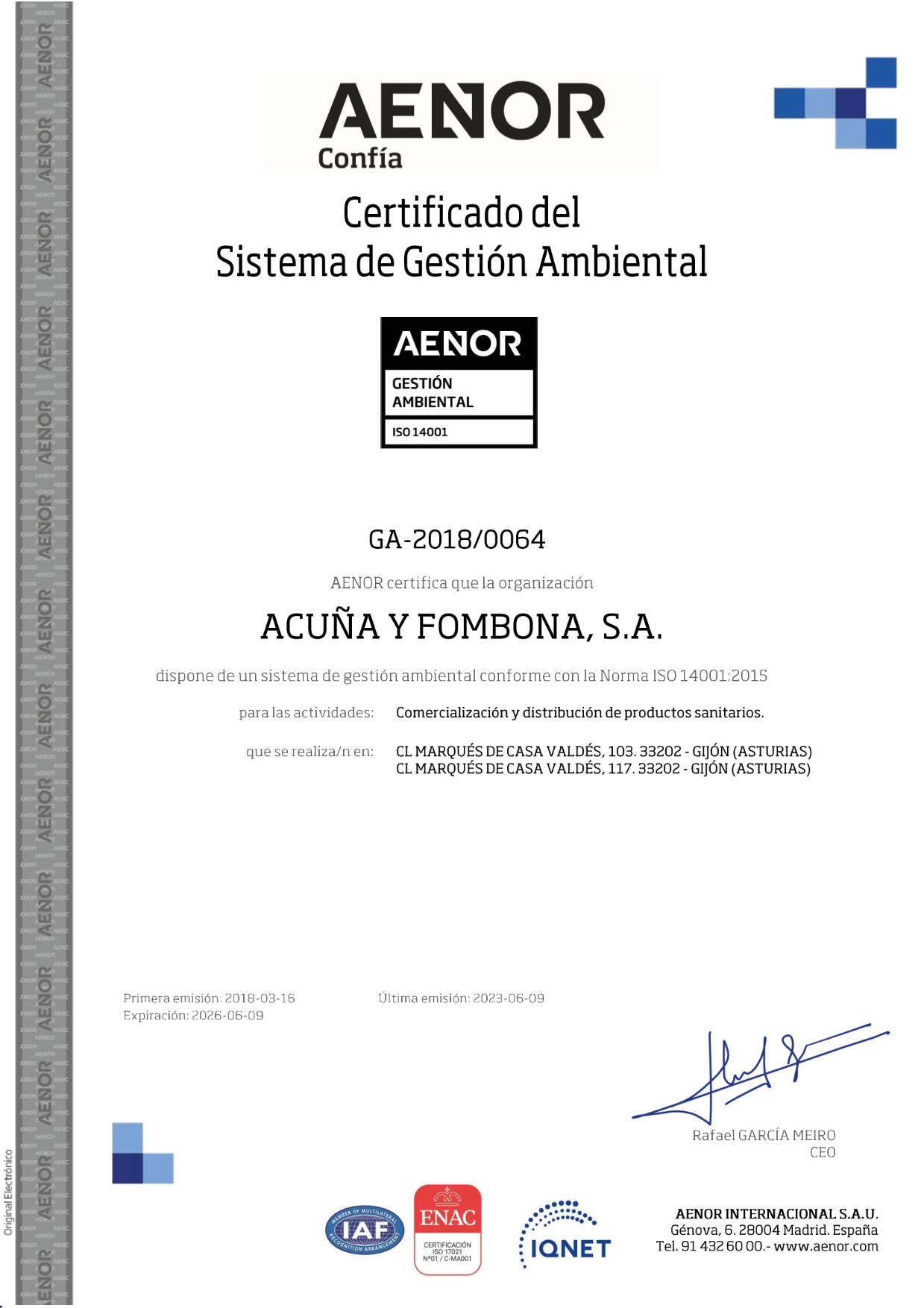 Certificado Aenor 14001